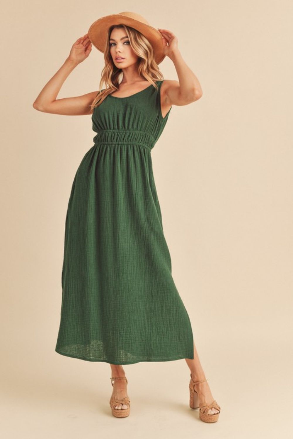 Dark Green Side Slit Round Neck Sleeveless Tank Dress - Tigbul's Variety Fashion Shop