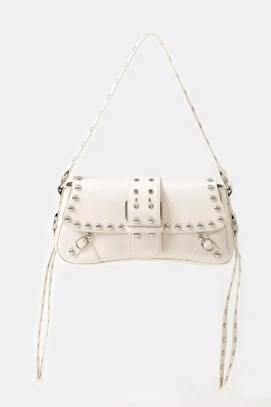 Fame Glossy Faux Leather Rivet Trim Shoulder Bag - Tigbul's Variety Fashion Shop