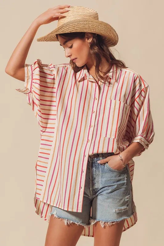 Pink Multicolored Stripe Button Down Shirt - Tigbul's Variety Fashion Shop