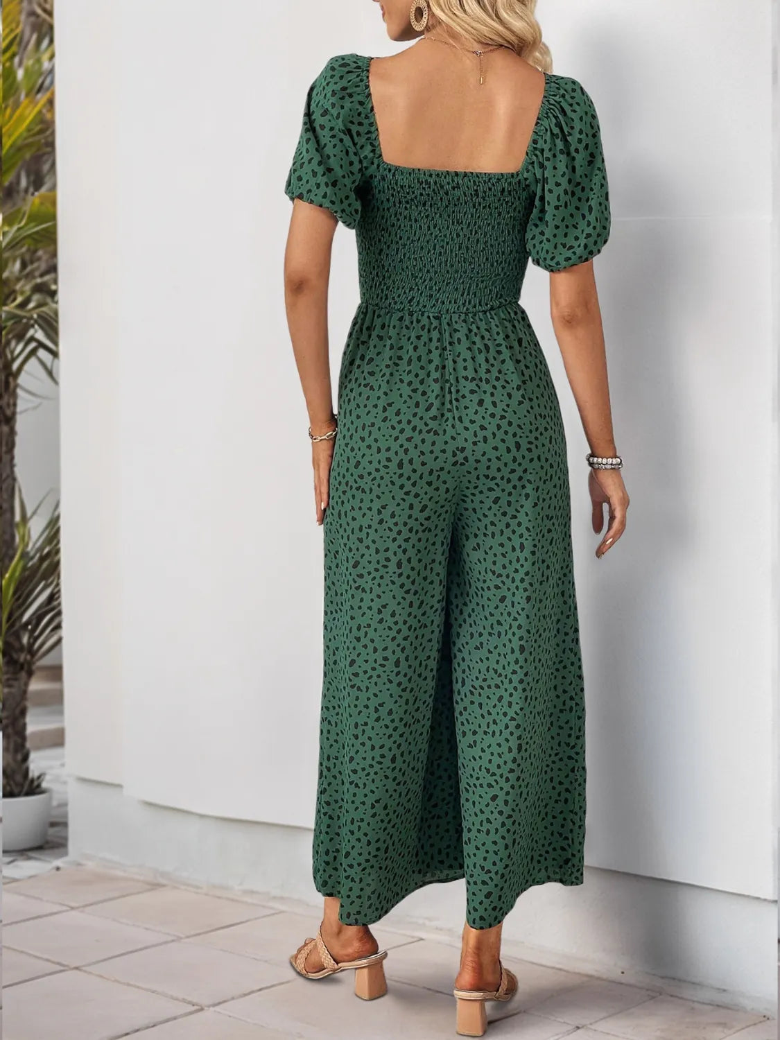 Printed Square Neck Puff Sleeve Jumpsuit - Tigbul's Variety Fashion Shop