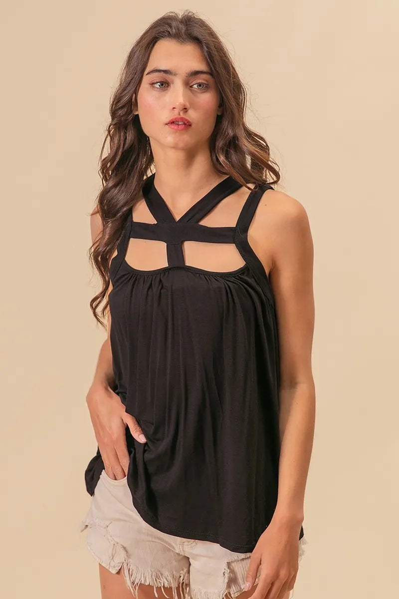 Black Rayon Span Jersey Cut Out with Straps Detailed - Tigbul's Variety Fashion Shop