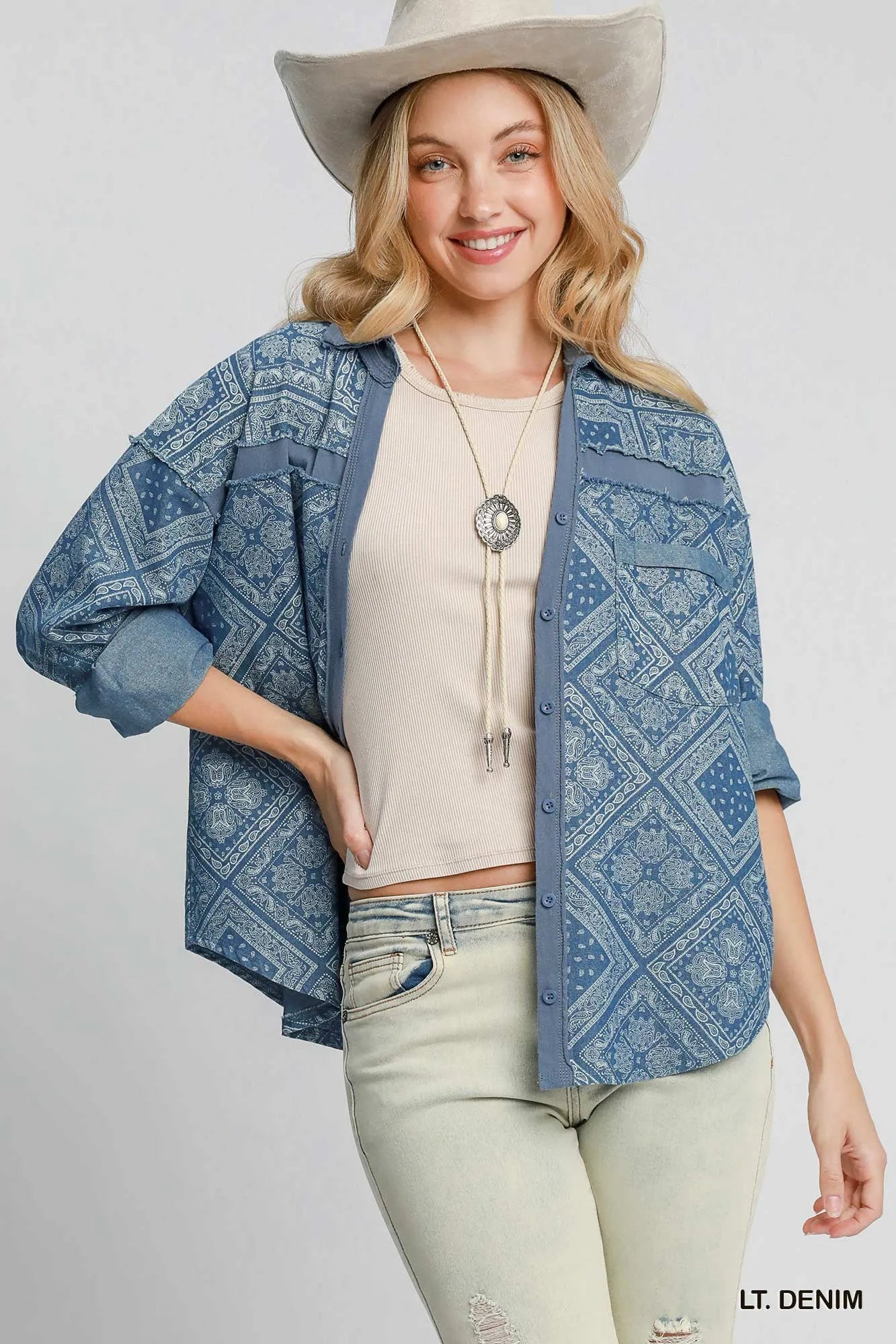 Umgee Paisley Print Denim Shirt Jacket - Tigbul's Variety Fashion Shop