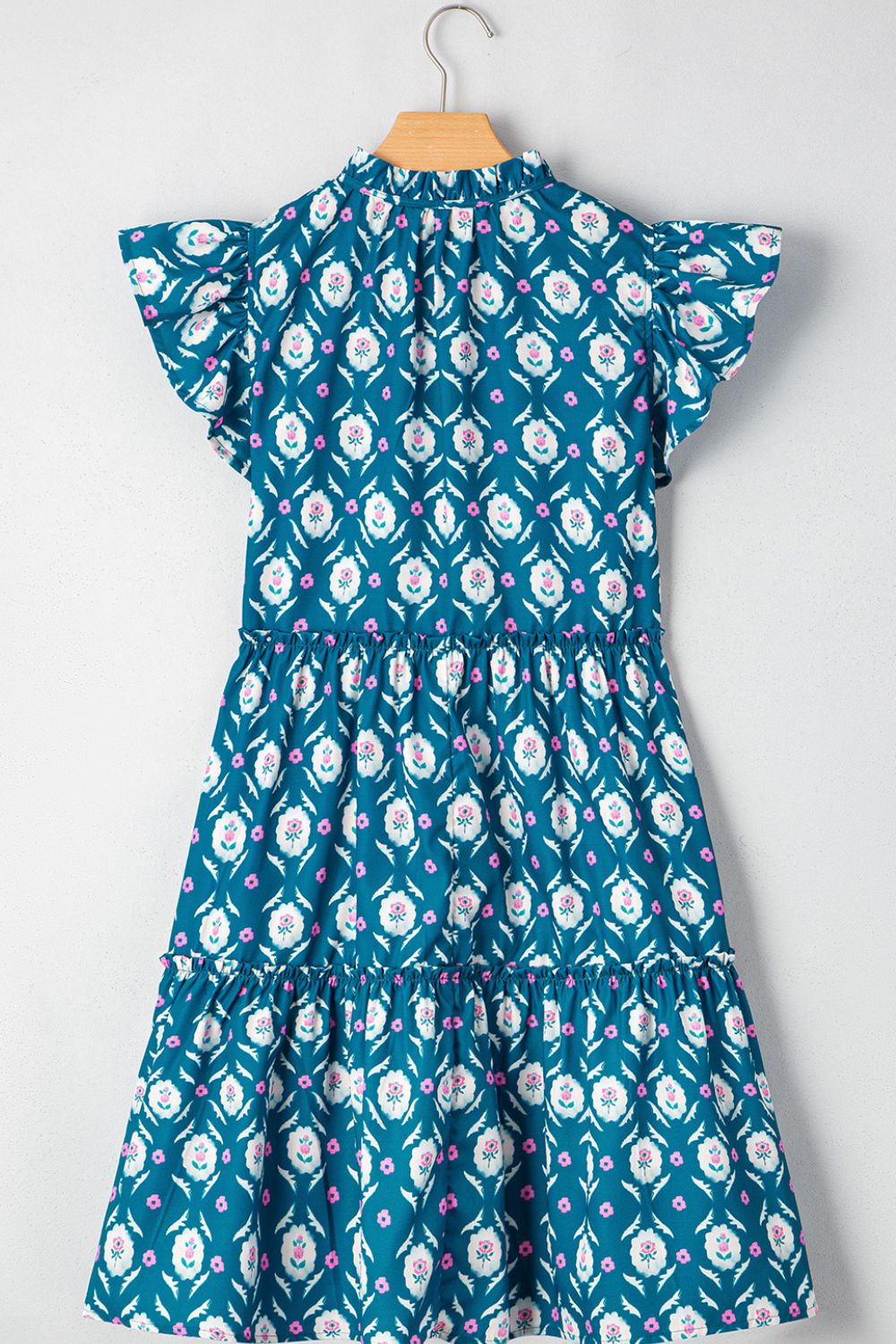 Printed Tie Neck Ruffled Cap Sleeve Dress - Tigbul's Variety Fashion Shop