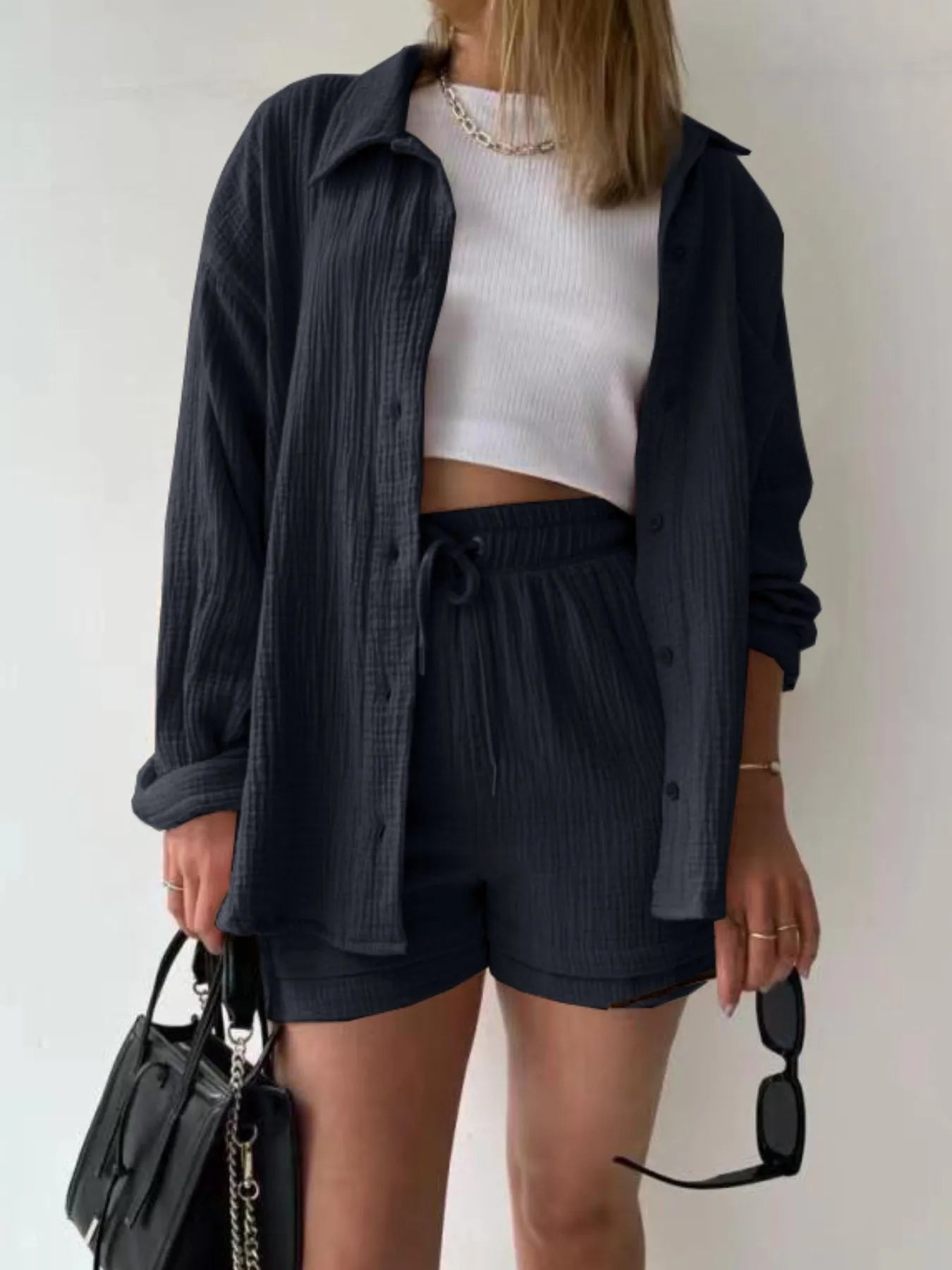 Textured Button Up Shirt and Shorts Set - Tigbul's Variety Fashion Shop