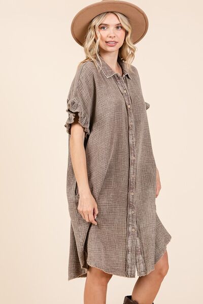 Toffee Color Mineral Wash Cotton Gauze Mini Shirt Dress - Tigbul's Variety Fashion Shop