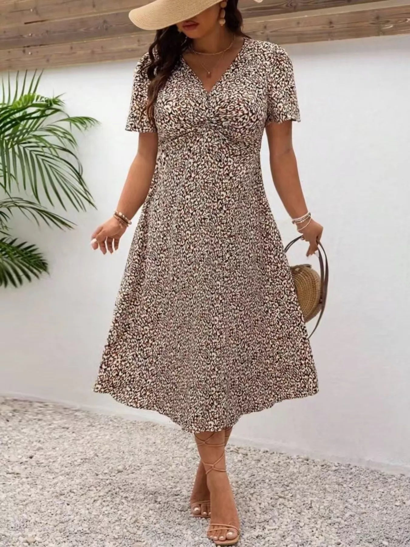 Plus Size Printed V-Neck Short Sleeve Midi Dress - Tigbul's Variety Fashion Shop