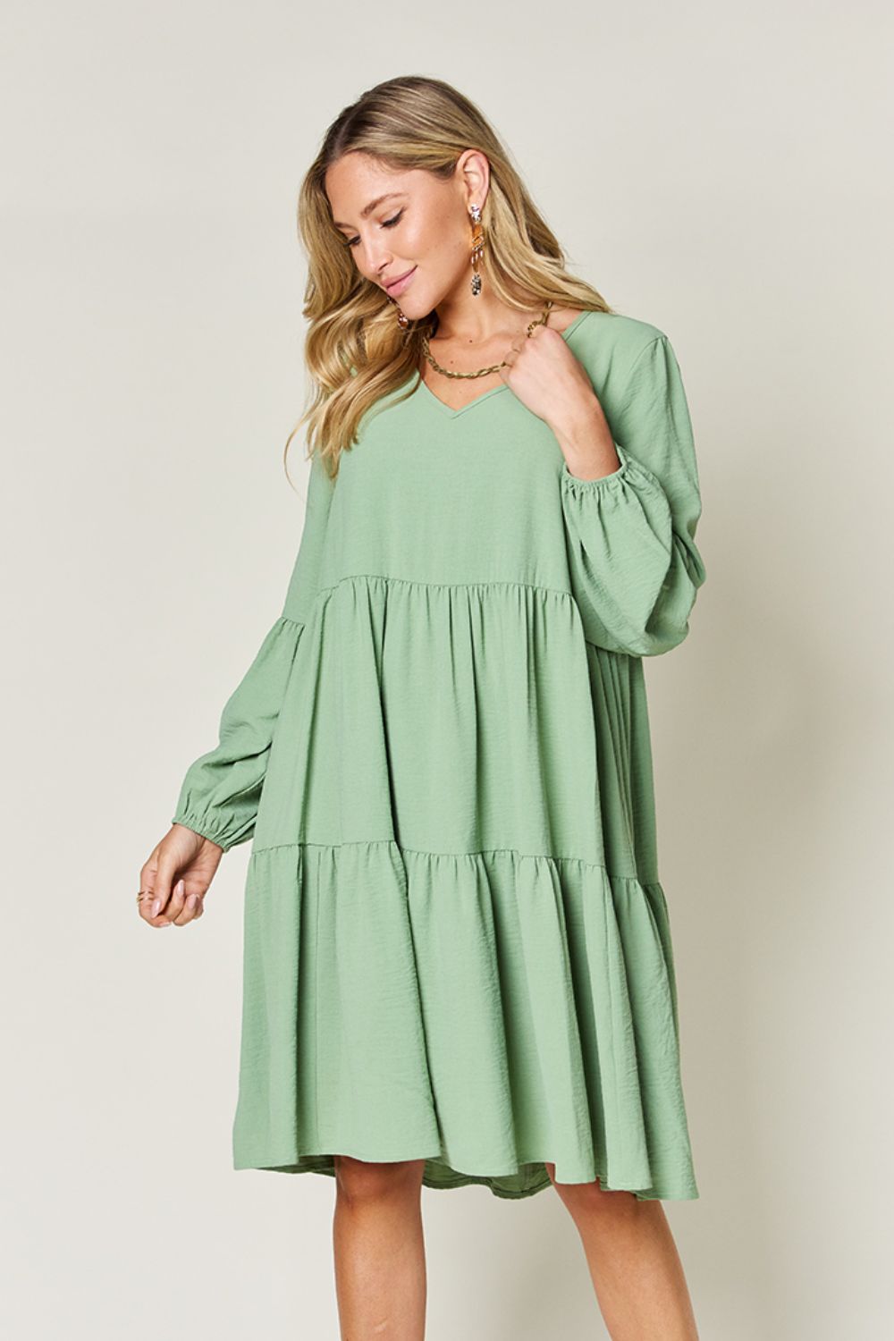 V-Neck Balloon Sleeve Tiered Dress with Pockets - Tigbul's Variety Fashion Shop
