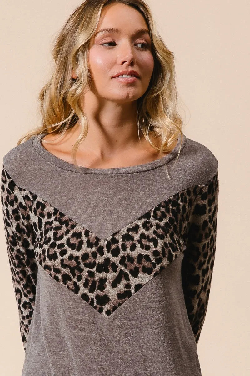 BiBi Sweater Knit Top With Leopard V Shape Block - Tigbul's Variety Fashion Shop