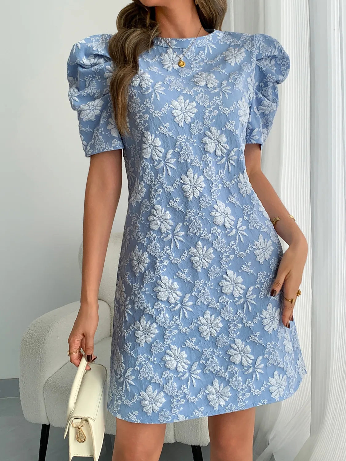 Round Neck Puff Short Sleeve Mini Dress - Tigbul's Variety Fashion Shop