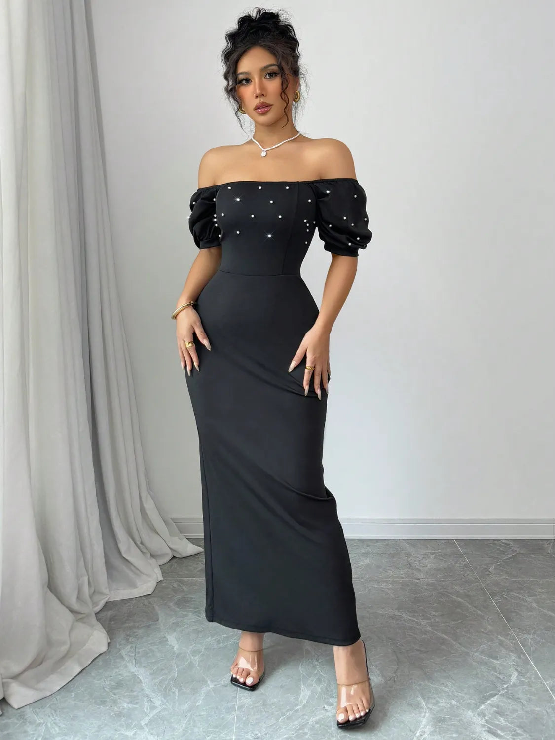 Off Shoulder Short Sleeve Maxi Dress - Tigbul's Variety Fashion Shop