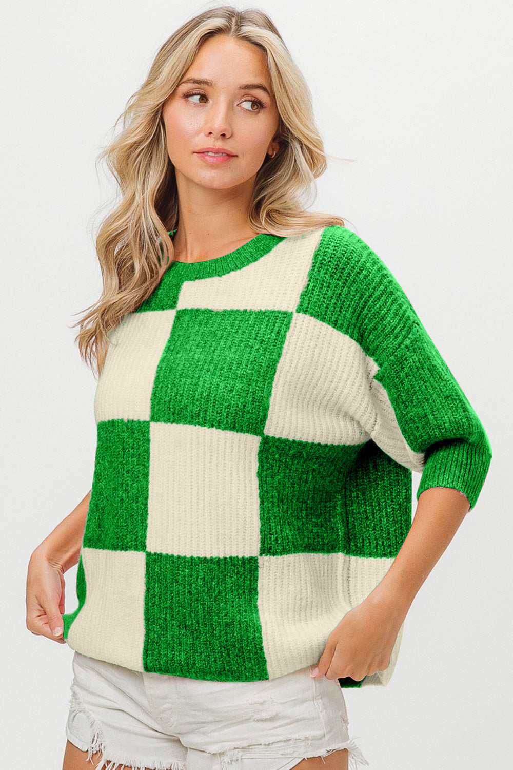 BiBi Checkered Contrast Round Neck Sweater - Tigbuls Variety Fashion