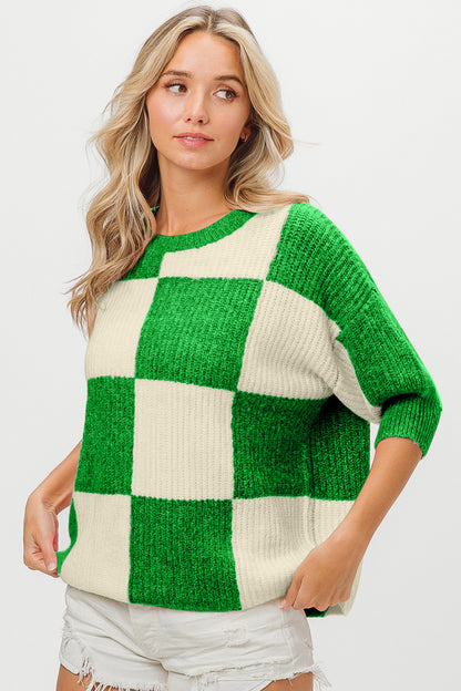 BiBi Checkered Contrast Round Neck Sweater - Tigbuls Variety Fashion