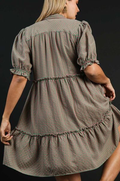 Green/Pink Plaid Frill Button Detail Ruffled Short Sleeve Dress - Tigbul's Variety Fashion Shop