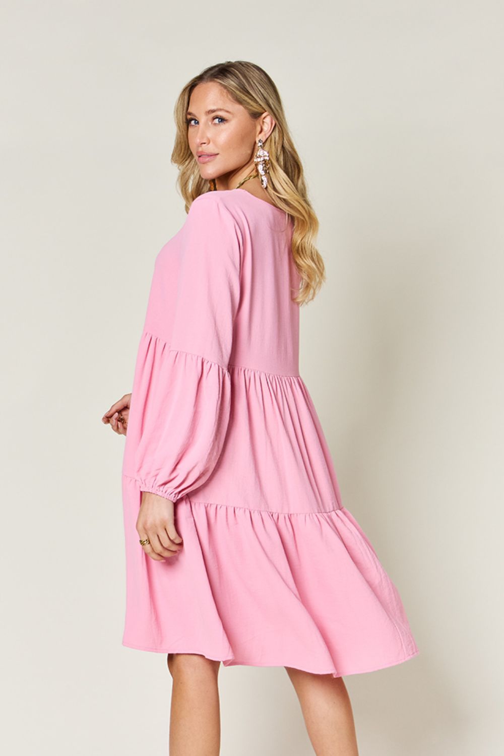 V-Neck Balloon Sleeve Tiered Dress with Pockets - Tigbul's Variety Fashion Shop