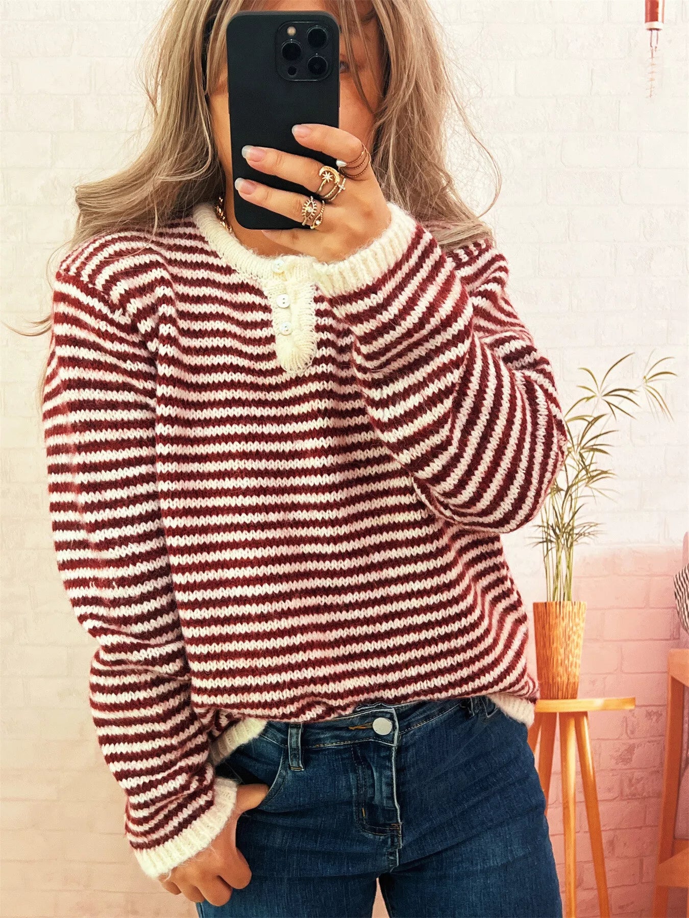 Striped Button Detail Long Sleeve Sweater - Tigbul's Variety Fashion Shop