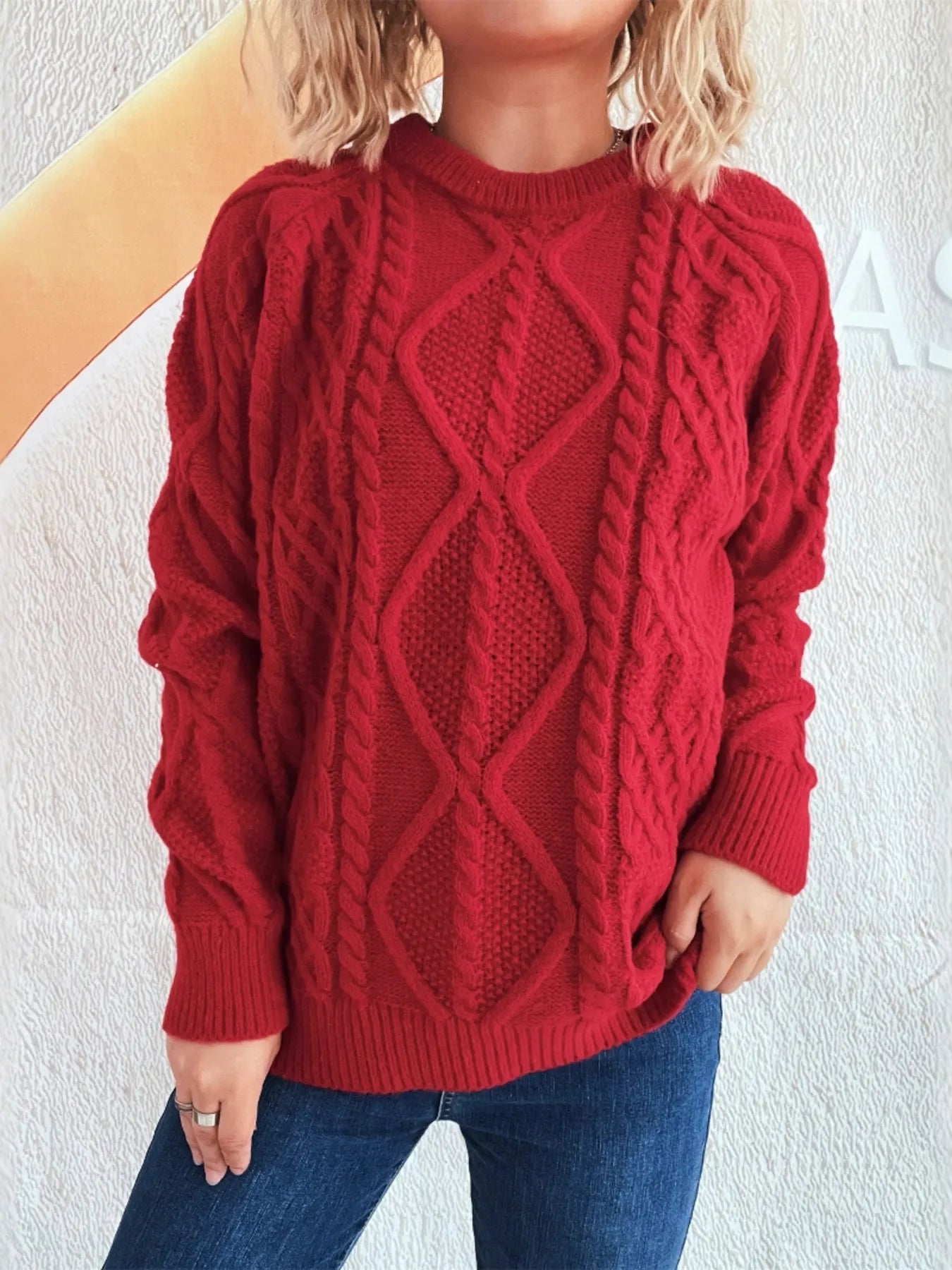 Cable Knit Long Sleeve Sweater - Tigbul's Variety Fashion Shop