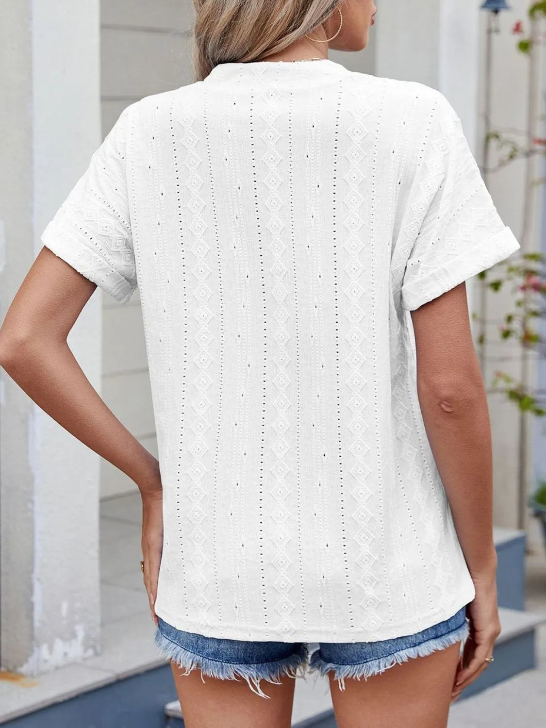 Eyelet Notched Short Sleeve Top - Tigbul's Variety Fashion Shop