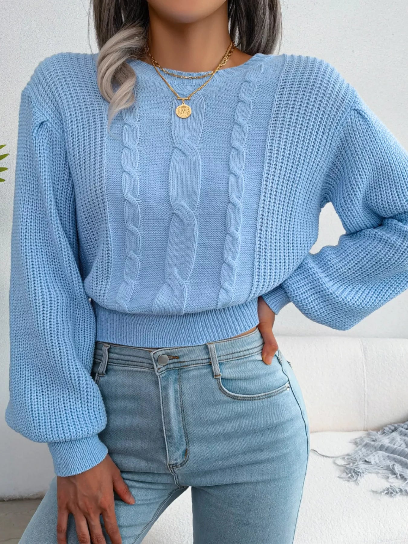 Cable Knit Round Neck Cropped Sweater - Tigbul's Variety Fashion Shop