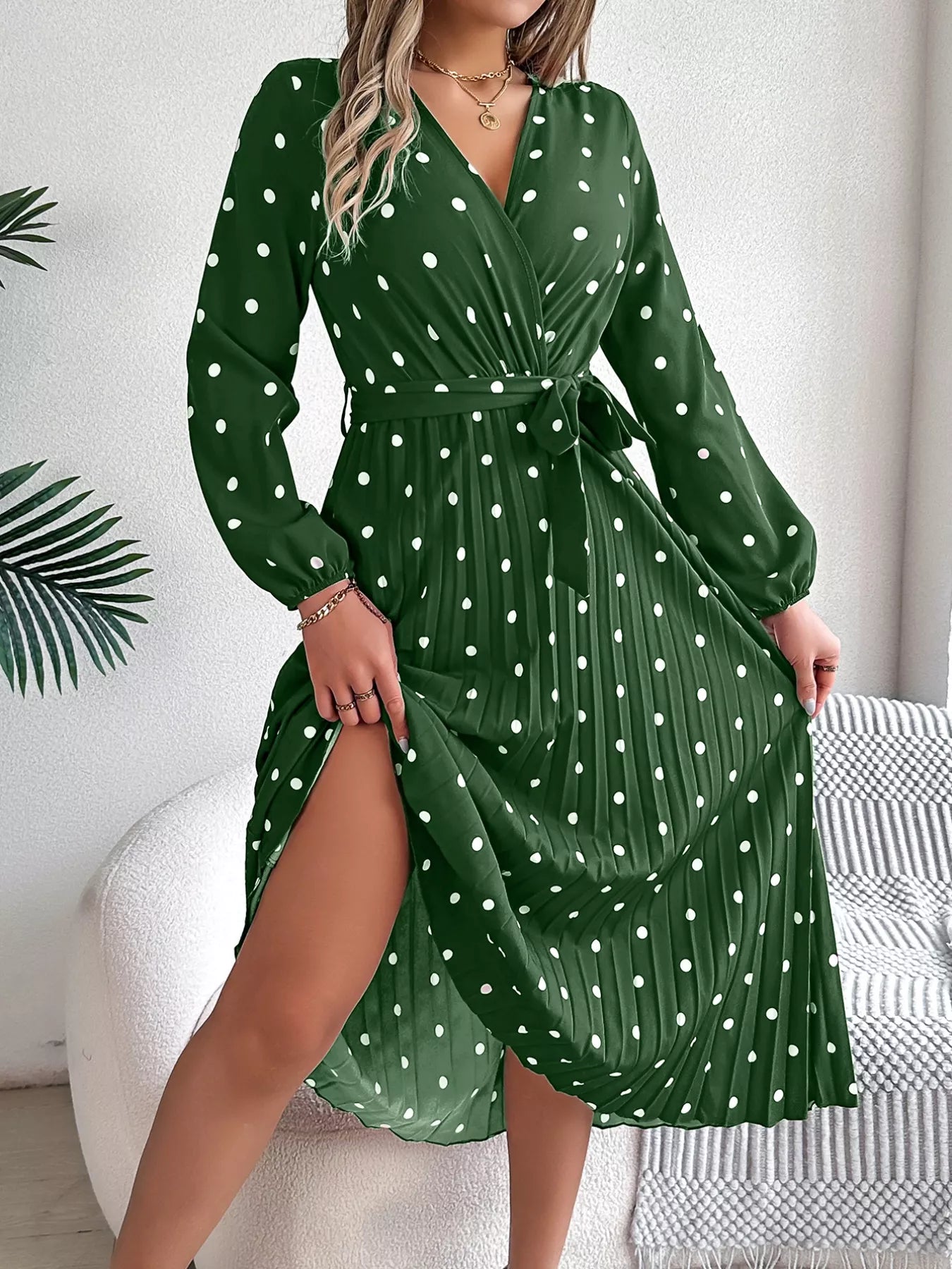 Front Tie Polka Dot Midi Pleated Dress - Tigbul's Variety Fashion Shop