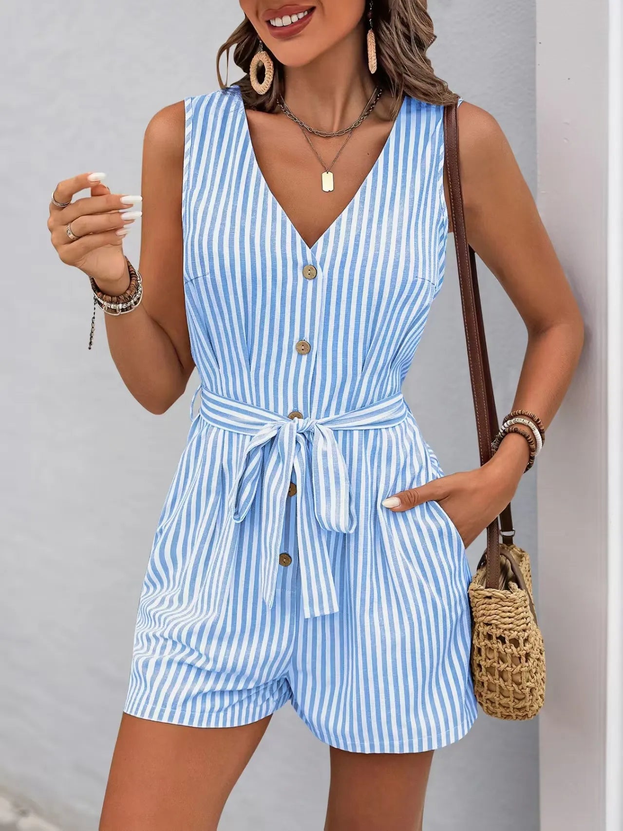 Striped V-neck Button Front Belted Romper - Tigbul's Variety Fashion Shop