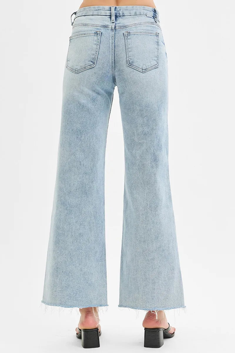 RISEN Full Size Tummy Control Low Rise Wide Leg Raw Cut Hem Jeans Plus Size - Tigbul's Variety Fashion Shop