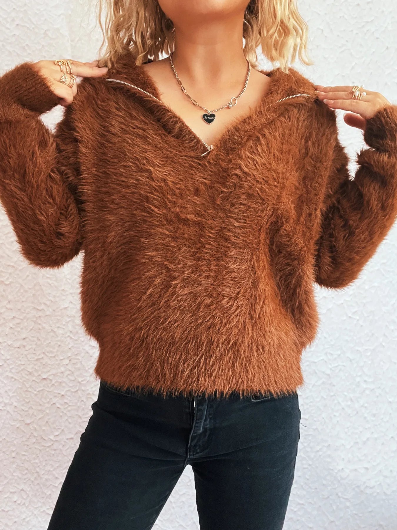Cozy Fuzzy Half-Zip Sweater - Tigbul's Variety Fashion Shop