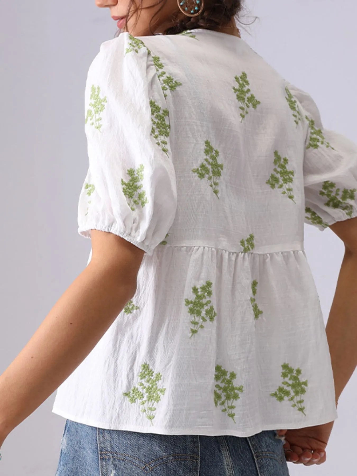 Embroidered V-Neck Puff Sleeve Peplum Blouse - Tigbul's Variety Fashion Shop