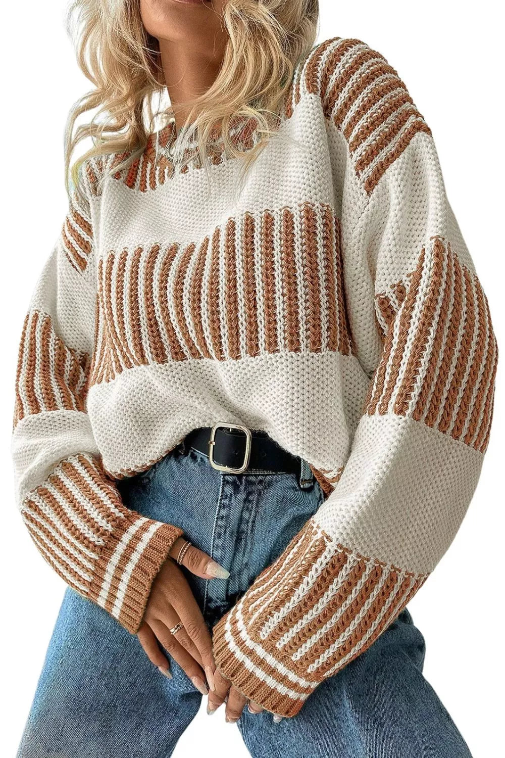 Striped Knit Long Sleeve Sweater - Tigbul's Variety Fashion Shop