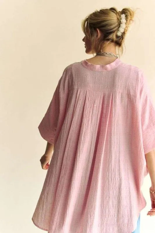 Pink Rhinestone Pleat Back Short Sleeve Loose Fit Shirt - Tigbul's Variety Fashion Shop
