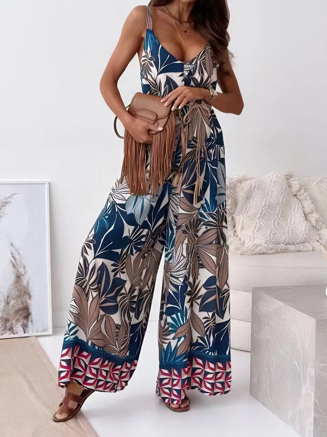 Printed V-Neck Wide Leg Jumpsuit - Tigbul's Variety Fashion Shop