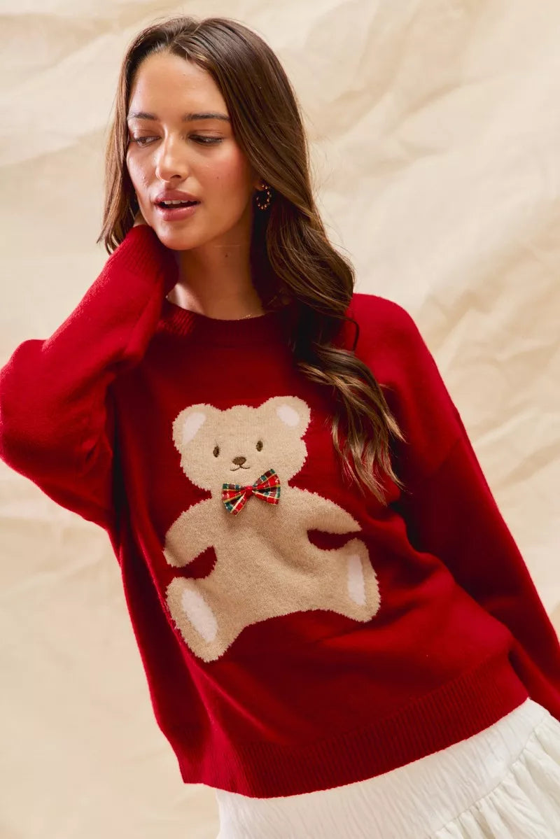 SO ME Teddy Bear With Check Ribbon Christmas Sweater - Tigbul's Variety Fashion Shop