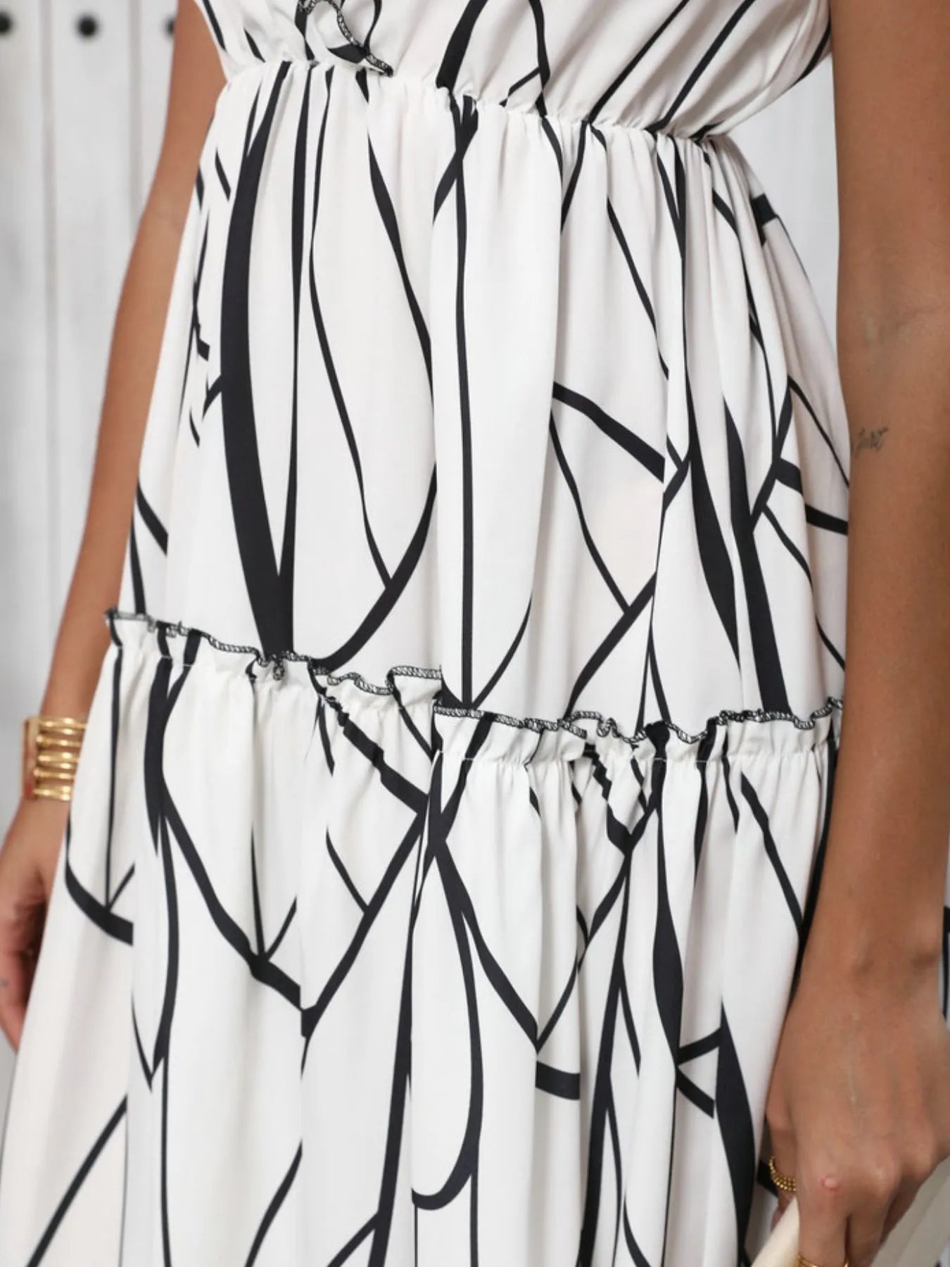 Abstract Print Ruffle Sleeve V-Neck Midi Dress - Tigbul's Variety Fashion Shop