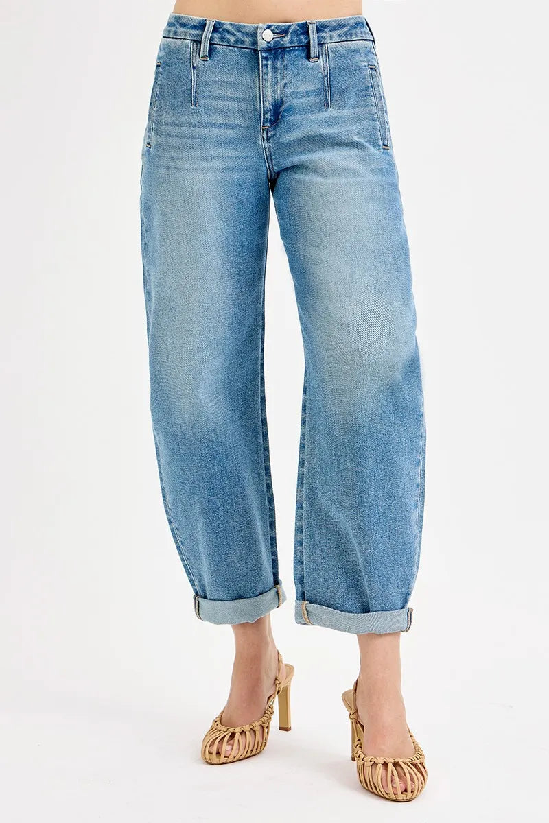 RISEN Full Size Mid Rise Fit Barrel Roll Up Jeans Plus Size - Tigbul's Variety Fashion Shop