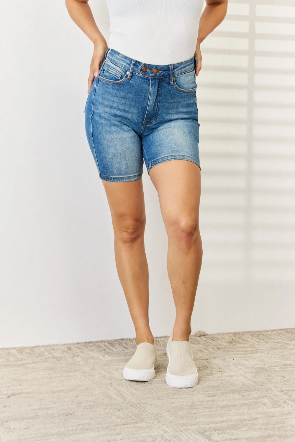Judy Blue Full Size Tummy Control Double Button Bermuda Denim Shorts - Tigbul's Variety Fashion Shop