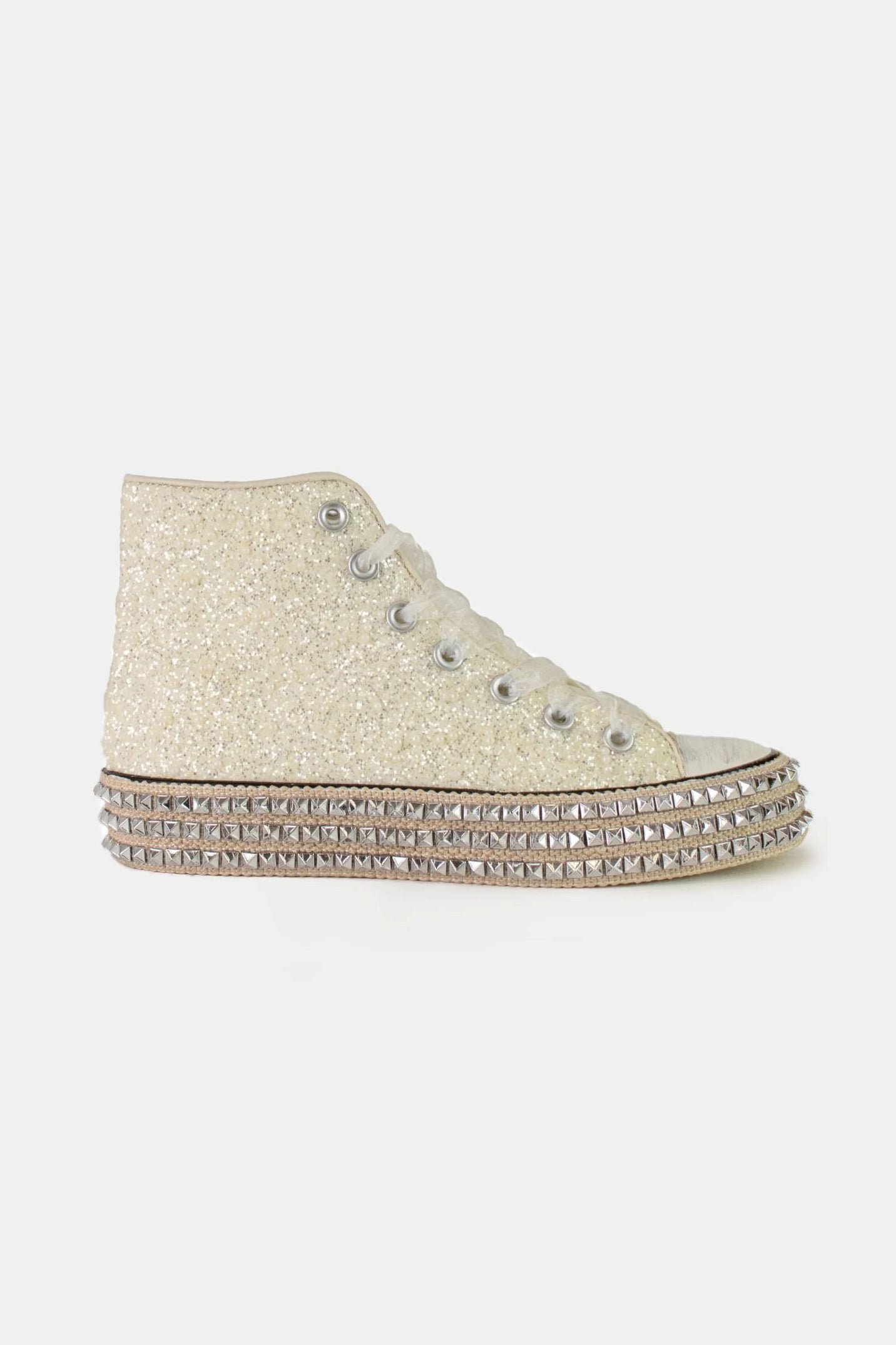 White Glitter Lace-Up Studded Platform Sneakers - Tigbul's Variety Fashion Shop