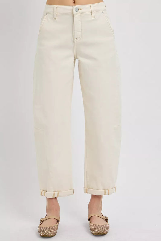 Ivory Color High Rise Relaxed Barrel Cuffed Jeans - Tigbul's Variety Fashion Shop