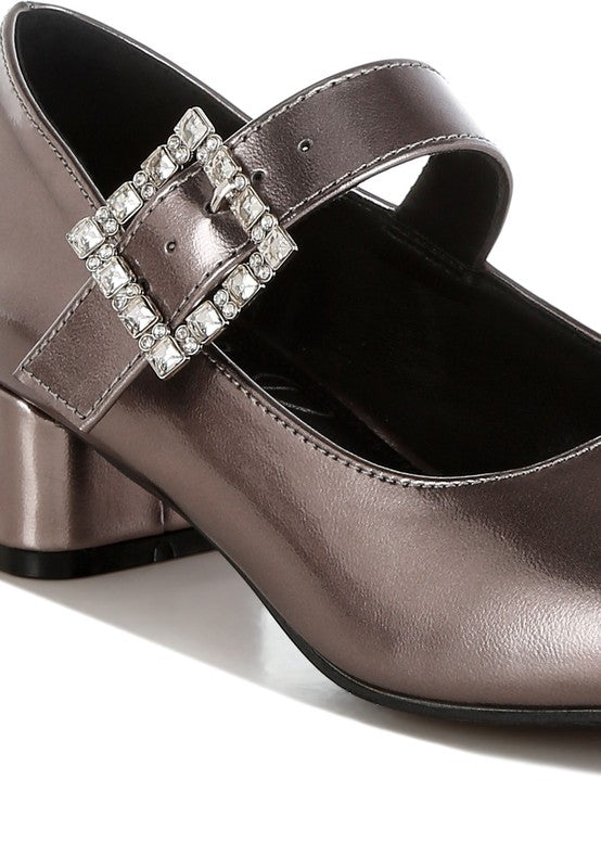 Abeba Diamante Brooch Metallic Mary Jane Pumps - Tigbul's Variety Fashion Shop
