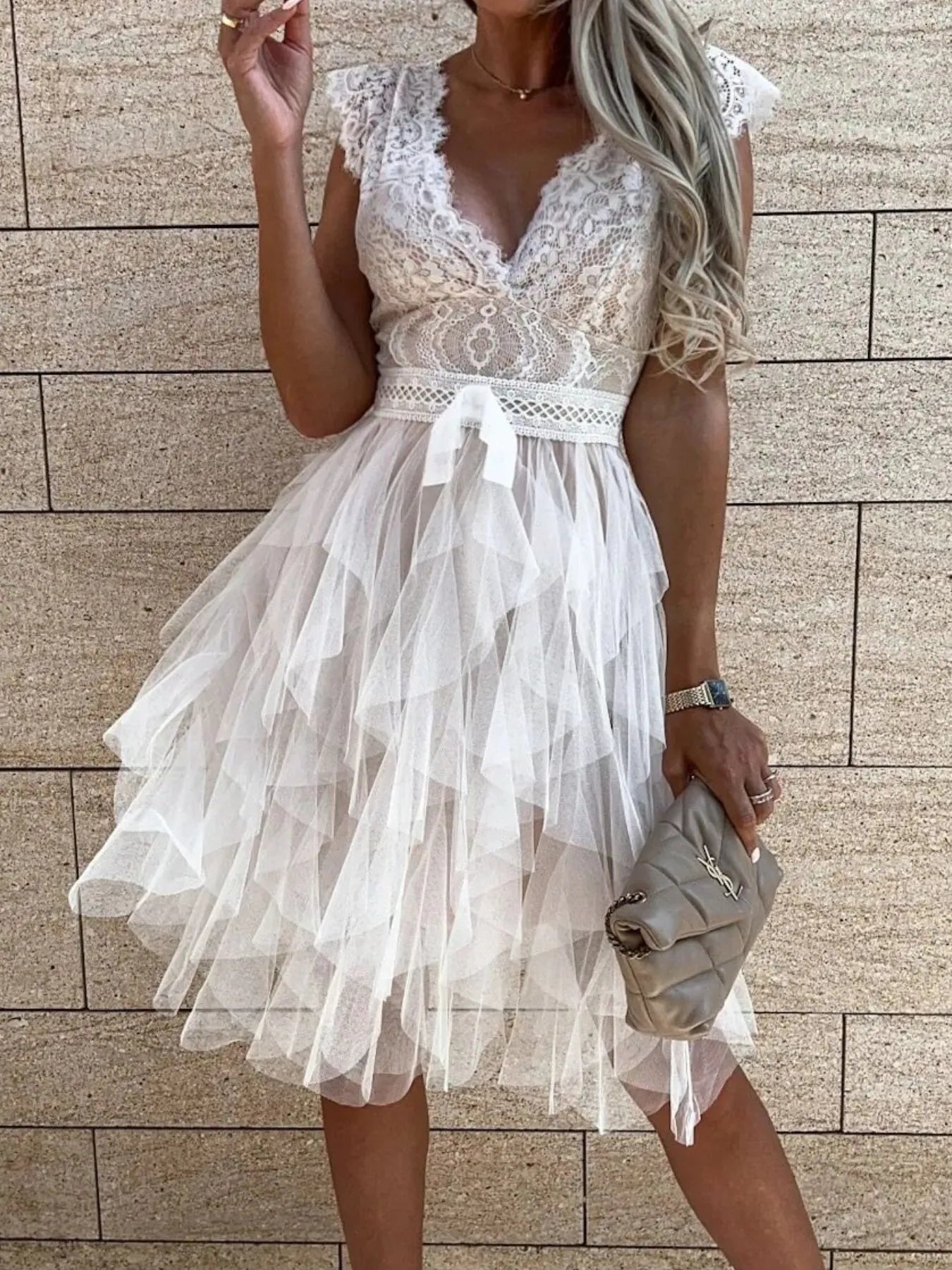 Lace V-Neck Ruffle Dress - Tigbul's Variety Fashion Shop