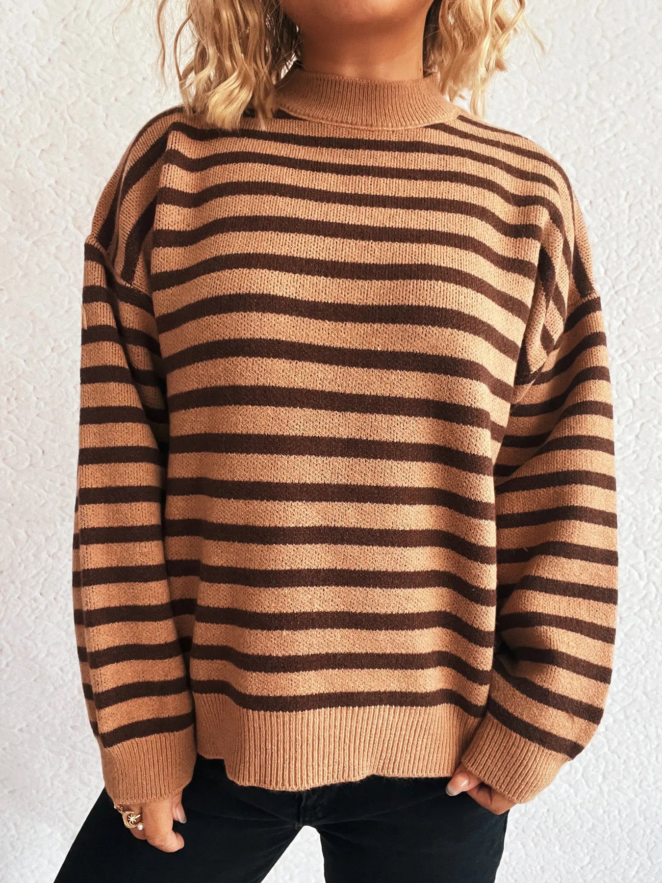 Striped Mock Neck Long Sleeve Sweater - Tigbul's Variety Fashion Shop
