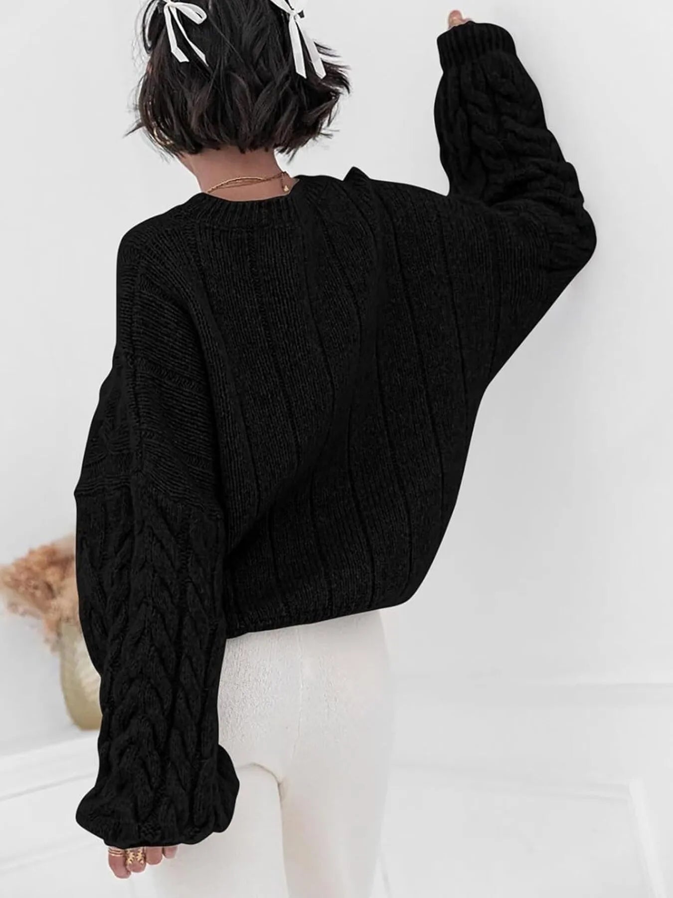 Cable Knit Long Sleeve Sweater - Tigbul's Variety Fashion Shop