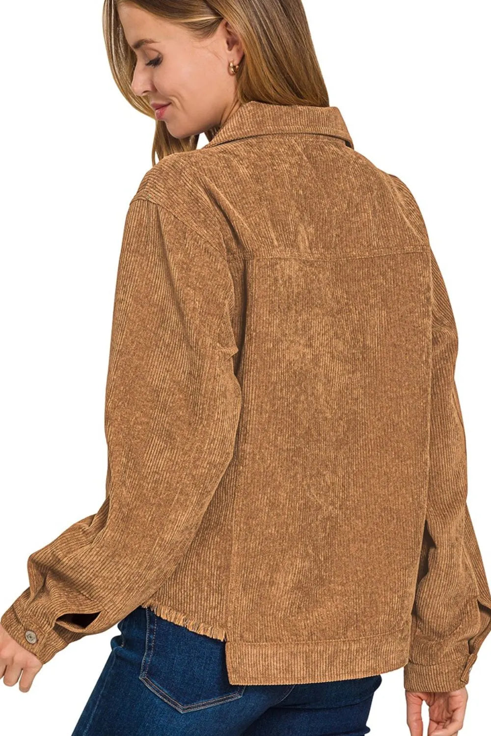Zenana Distressed Corduroy Frayed Hem Cropped Jacket - Tigbul's Variety Fashion Shop