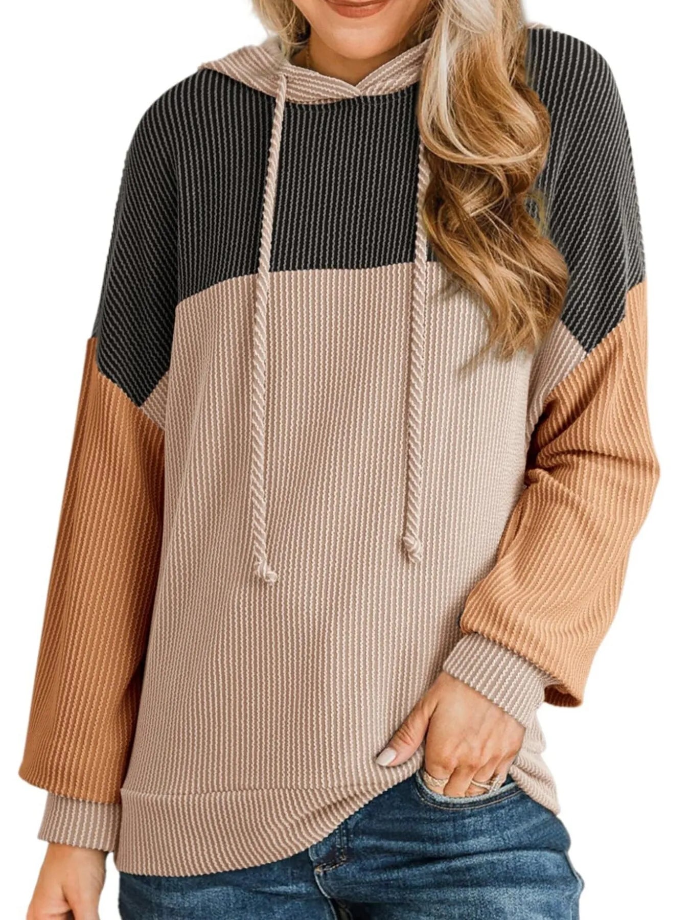 Drawstring Color Block Long Sleeve Hoodie - Tigbul's Variety Fashion Shop