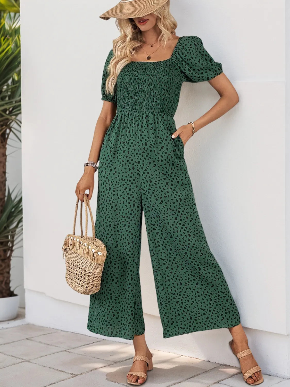 Printed Square Neck Puff Sleeve Jumpsuit - Tigbul's Variety Fashion Shop