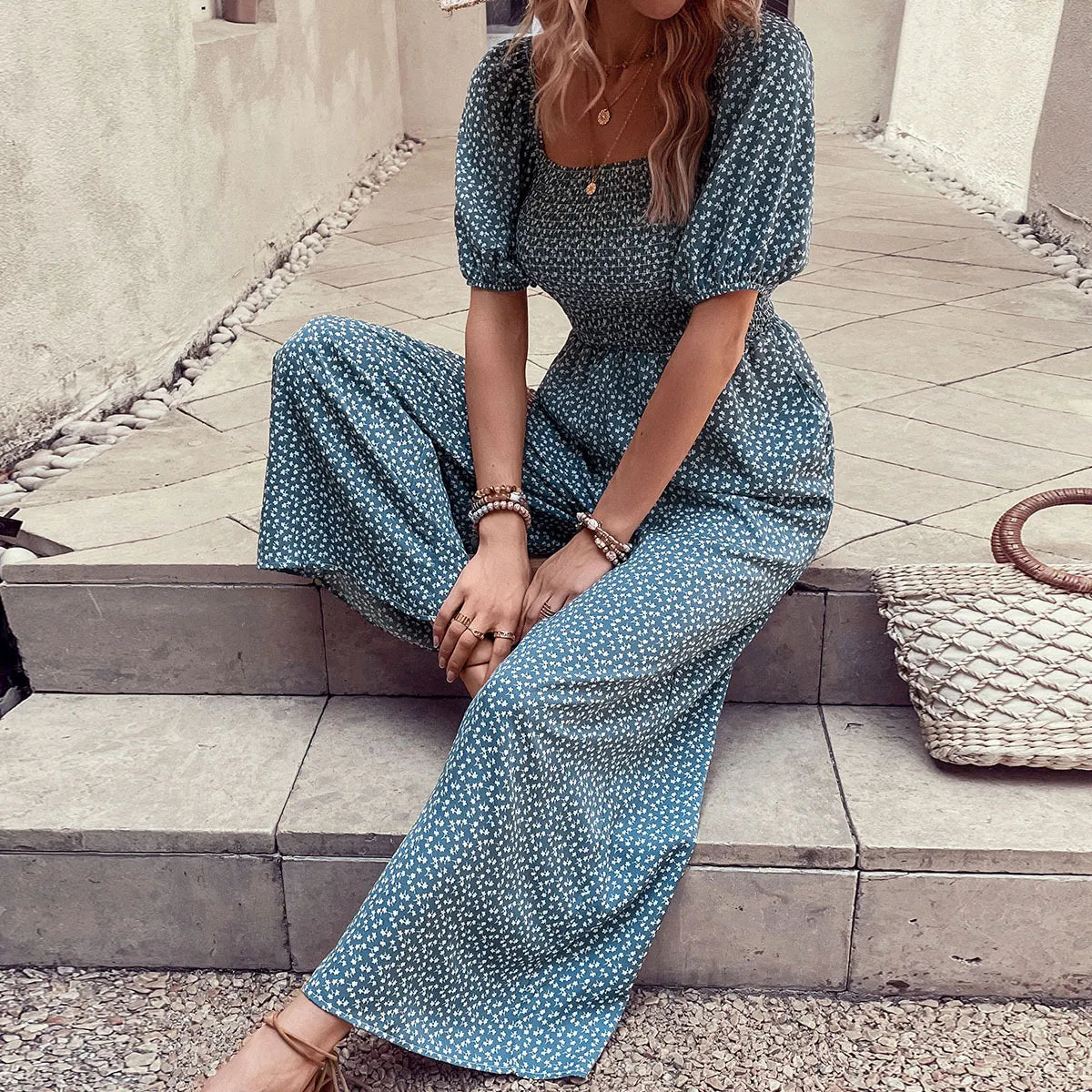 Printed Square Neck Puff Sleeve Jumpsuit - Tigbul's Variety Fashion Shop