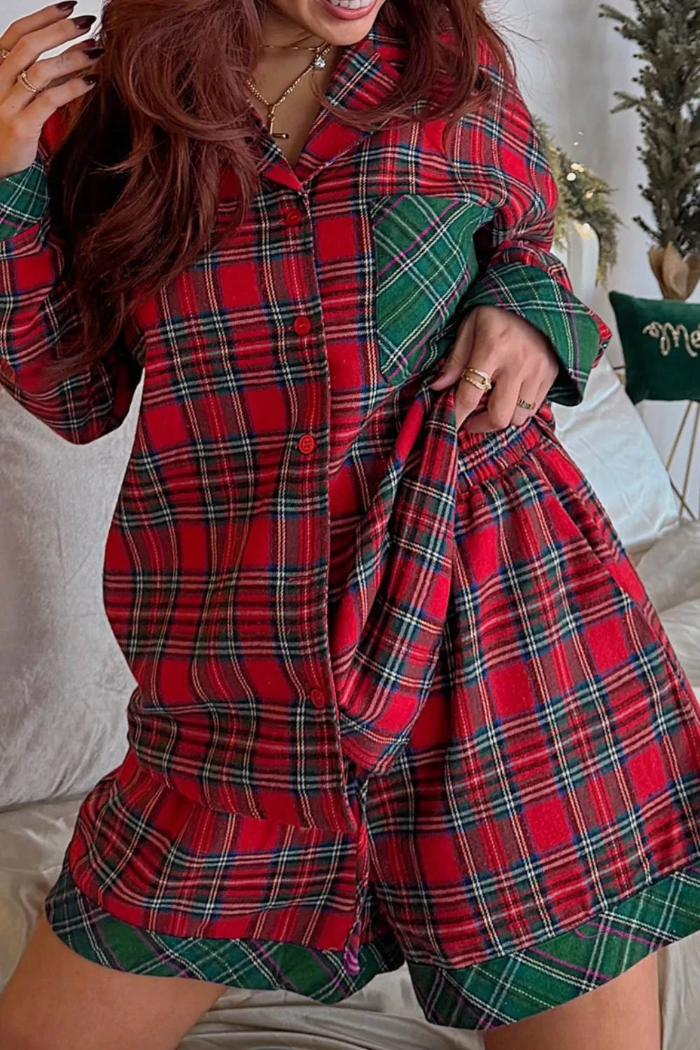 Plaid Contrast Patched Christmas Holiday Long Sleeve Shirt and Short 2pcs Pajama Set - Tigbul's Variety Fashion Shop