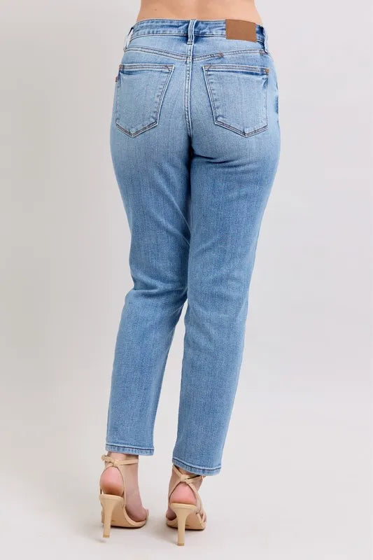 Judy Blue Full Size Mid Rise Vintage Wash Slim Jeans with Cell Phone Pocket Plus Size - Tigbul's Variety Fashion Shop