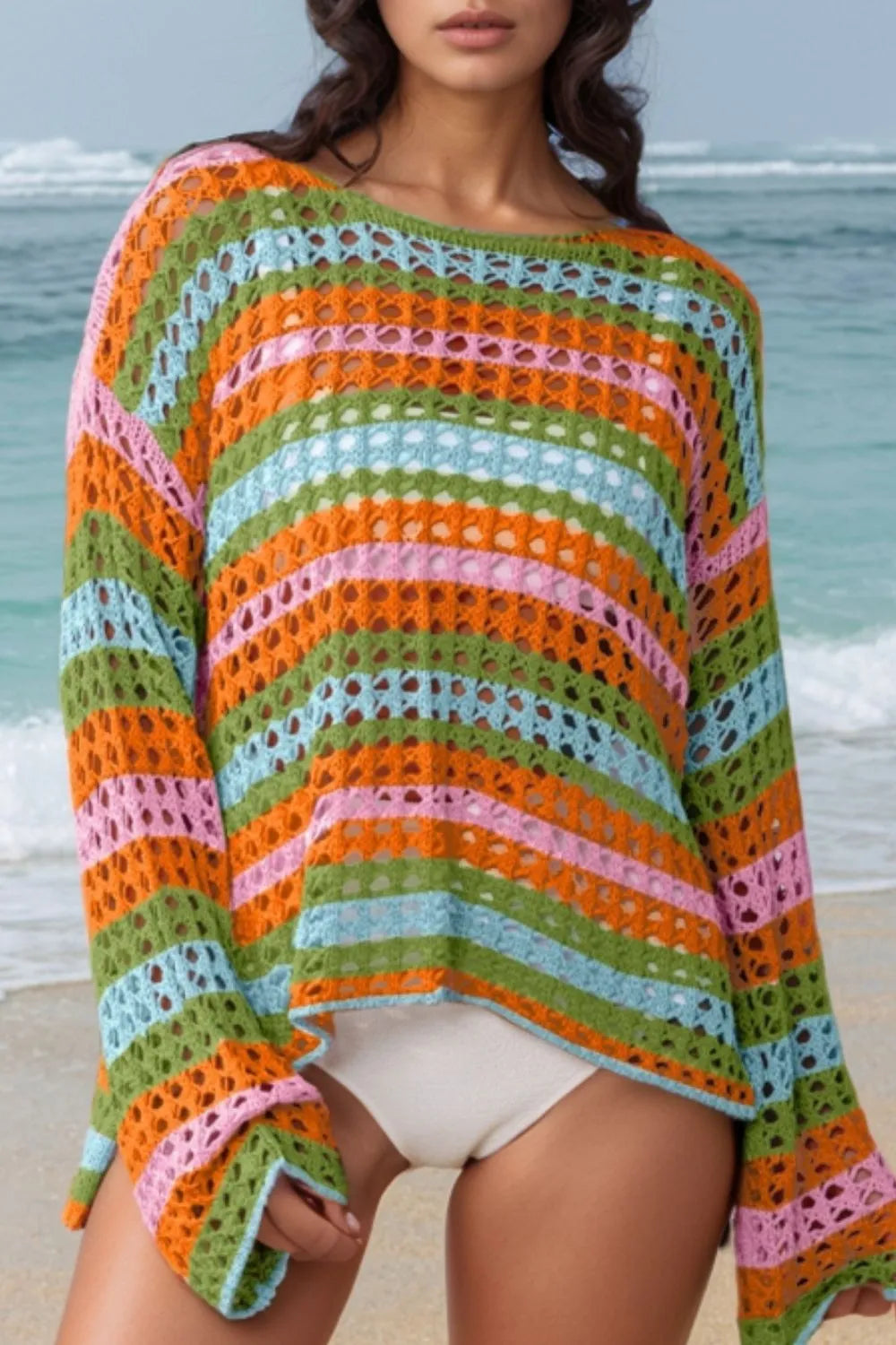 Openwork Round Neck Long Sleeve Knit Cover Up - Tigbul's Variety Fashion Shop