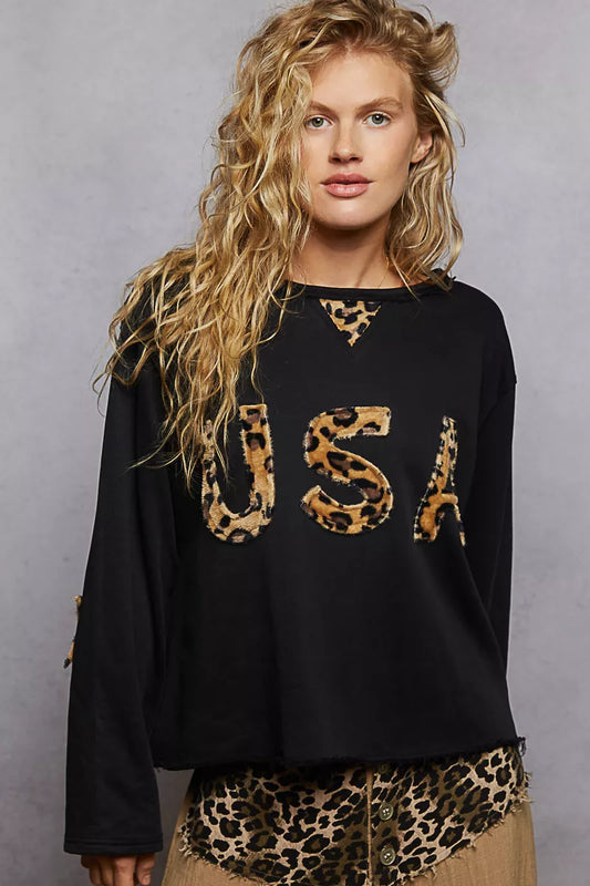 POL Round Neck Long Sleeve French Terry Sweatshirt with USA Letter Animal Patch - Tigbul's Variety Fashion Shop