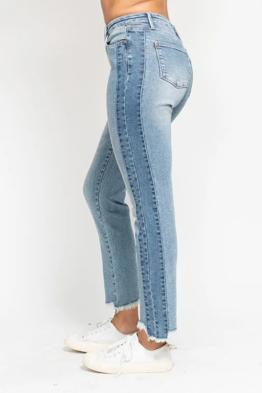 Judy Blue Full Size Vintage Wash Side Panel Detail with Fray Hem Slim Plus Size - Tigbul's Variety Fashion Shop