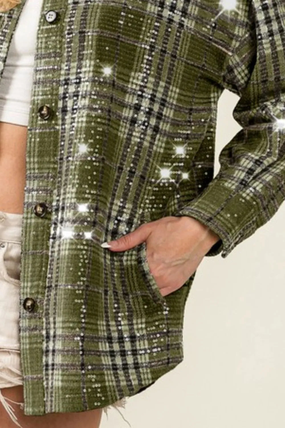 Allover Clear Sequins Vintage Plaid Jacket - Tigbul's Variety Fashion Shop